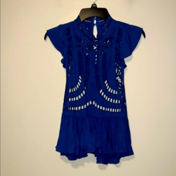 Free People Blue Ruffled cut out boho festival top size Small Mock Neck - Picture 1 of 10